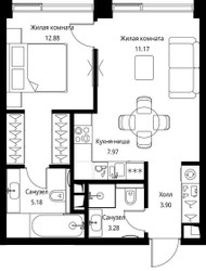 Планировка однокомнатной(квартира) площадью 44.38 квадратных метров в ЖК “ЖК Сити Бэй”