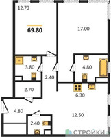 Планировка двухкомнатной(квартира) площадью 69.8 квадратных метров в “ЖК Sydney City (Сидней Сити)”