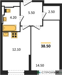 Планировка однокомнатной(квартира) площадью 38.5 квадратных метров в ЖК “ЖК Sky Sputnik (Скай Спутник)”