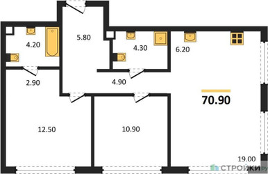 Планировка двухкомнатной(квартира) площадью 70.9 квадратных метров в ЖК “ЖК НАЗАРÉ (Мангазея в Богородском)”