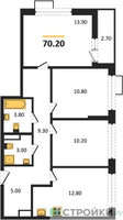 Планировка трехкомнатной(квартира) площадью 70.2 квадратных метров в “ЖК Бунинские кварталы”
