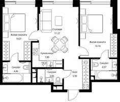Планировка двухкомнатной(квартира) площадью 64.67 квадратных метров в “ЖК Сити Бэй”