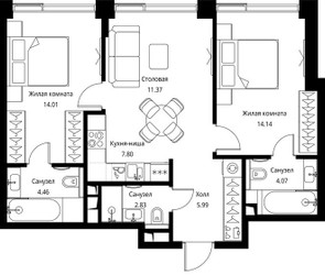 Планировка двухкомнатной(квартира) площадью 64.67 квадратных метров в ЖК “ЖК Сити Бэй”