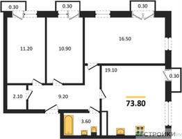 Планировка трехкомнатной(квартира) площадью 73.8 квадратных метров в “ЖК Южная Долина”