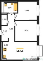 Планировка двухкомнатной(квартира) площадью 56.51 квадратных метров в “ЖК Молжаниново”