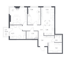 Планировка трехкомнатной(квартира) площадью 87.43 квадратных метров в “ЖК Пригород Лесное”