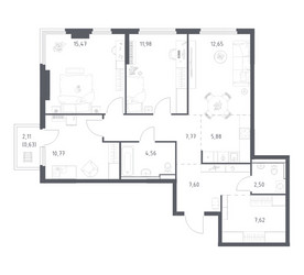 Планировка трехкомнатной(квартира) площадью 87.43 квадратных метров в ЖК “ЖК Пригород Лесное”