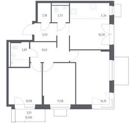 Планировка трехкомнатной(квартира) площадью 76.19 квадратных метров в ЖК “ЖК Квартал Западный”
