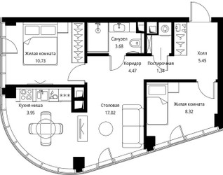 Планировка двухкомнатной(квартира) площадью 54.96 квадратных метров в ЖК “ЖК Сити Бэй”