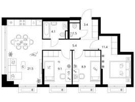 Планировка трехкомнатной(квартира) площадью 65.3 квадратных метров в “ЖК Зеленый парк”