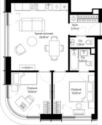 Планировка двухкомнатной(квартира) площадью 53.8 квадратных метров в ЖК “ЖК Сити Бэй”
