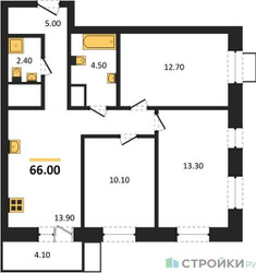 Планировка трехкомнатной(квартира) площадью 66 квадратных метров в ЖК “ЖК Союзный”