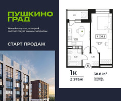 Планировка однокомнатной(квартира) площадью 38.8 квадратных метров в “ЖК Пушкино Град”
