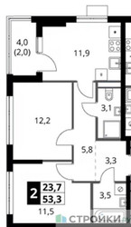 Планировка двухкомнатной(квартира) площадью 53.3 квадратных метров в ЖК “ЖК 1-й Ясеневский (Первый Ясеневский)”