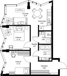 Планировка двухкомнатной(квартира) площадью 59.01 квадратных метров в ЖК “Дом премиум-класса МИРА”