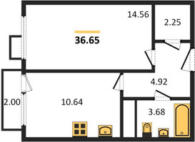 Планировка однокомнатной(квартира) площадью 36.65 квадратных метров в “ЖК Катуар”