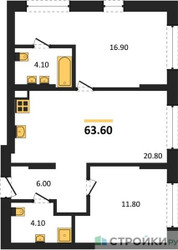 Планировка двухкомнатной(квартира) площадью 63.6 квадратных метров в ЖК “ЖК Первый квартал”