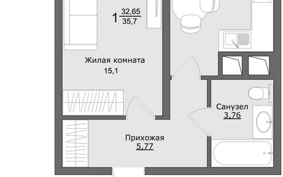 Планировка однокомнатной(квартира) площадью 35.7 квадратных метров в ЖК “ЖК Клевер”