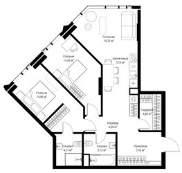 Планировка двухкомнатной(апартаменты) площадью 77.07 квадратных метров в ЖК “ЖК JOIS (Джойс)”