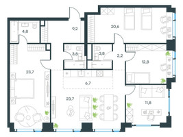 Планировка 4+ комнатной(квартира) площадью 124 квадратных метров в “ЖК Level Мичуринский”