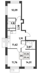 Планировка трехкомнатной(квартира) площадью 60 квадратных метров в ЖК “ЖК Smart Garden (Смарт Гарден)”