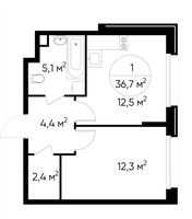 Планировка однокомнатной(квартира) площадью 36.7 квадратных метров в “ЖК Переделкино Ближнее”
