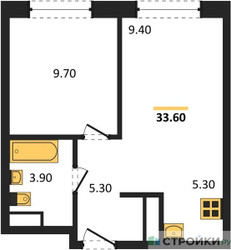Планировка однокомнатной(квартира) площадью 33.6 квадратных метров в ЖК “ЖК Ольховый Квартал”