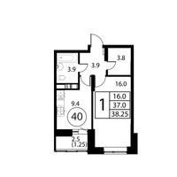 Планировка однокомнатной(квартира) площадью 38.2 квадратных метров в “ЖК Космос”
