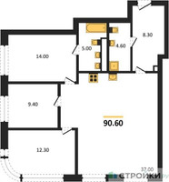 Планировка трехкомнатной(квартира) площадью 90.6 квадратных метров в “Архитектурный проект U2 (ЮТУ)”