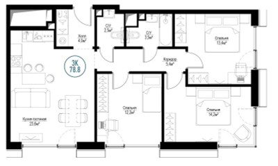 Планировка трехкомнатной(квартира) площадью 78.2 квадратных метров в ЖК “ЖК Метрополия”