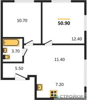Планировка двухкомнатной(квартира) площадью 50.9 квадратных метров в “ЖК Новый Зеленоград”