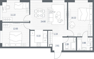 Планировка трехкомнатной(квартира) площадью 81.63 квадратных метров в “ЖК TATE (Тэйт)”