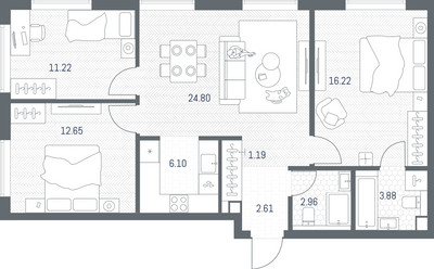 Планировка трехкомнатной(квартира) площадью 81.63 квадратных метров в ЖК “ЖК TATE (Тэйт)”