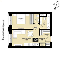 Планировка однокомнатной(квартира) площадью 43.8 квадратных метров в “ЖК Шелепиха (Cosmopolit)”