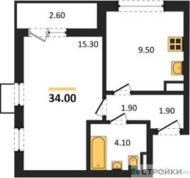 Планировка однокомнатной(квартира) площадью 34 квадратных метров в ЖК “ЖК Прокшино”