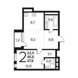 Планировка двухкомнатной(квартира) площадью 47.8 квадратных метров в ЖК “Новые Ватутинки. Заречный”