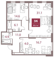 Планировка трехкомнатной(квартира) площадью 88.4 квадратных метров в “ЖК Legacy (Легаси)”