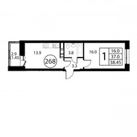 Планировка однокомнатной(квартира) площадью 38.5 квадратных метров в “ЖК Космос”