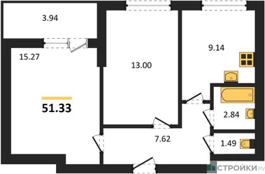 Планировка двухкомнатной(квартира) площадью 51.33 квадратных метров в ЖК “ЖК Химки Тайм”