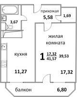 Планировка однокомнатной(квартира) площадью 41.57 квадратных метров в “ЖК Народный”