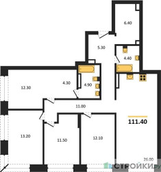 Планировка 4+ комнатной(квартира) площадью 111.4 квадратных метров в ЖК “ЖК Portland (Портланд)”