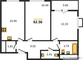 Планировка двухкомнатной(квартира) площадью 62.4 квадратных метров в “ЖК Одинград. Квартал Семейный”