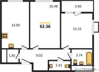 Планировка двухкомнатной(квартира) площадью 62.4 квадратных метров в “ЖК Одинград. Квартал Семейный”