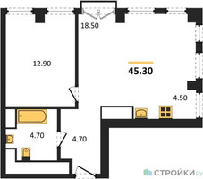 Планировка однокомнатной(апартаменты) площадью 45.3 квадратных метров в “ЖК Emotion (Эмоушен)”