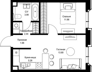 Планировка однокомнатной(квартира) площадью 39.45 квадратных метров в ЖК “Дом премиум-класса МИРА”