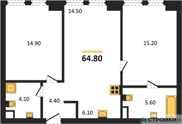 Планировка двухкомнатной(квартира) площадью 64.8 квадратных метров в ЖК “ЖК АУРА”