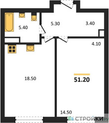 Планировка однокомнатной(квартира) площадью 51.2 квадратных метров в ЖК “ЖК Крылатская 33”