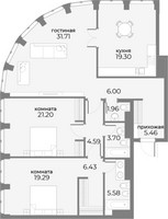Планировка трехкомнатной(апартаменты) площадью 128.7 квадратных метров в “ЖК Sky View (Скай Вью)”