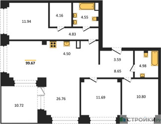 Планировка трехкомнатной(квартира) площадью 99.67 квадратных метров в ЖК “ЖК NOVA (Нова)”