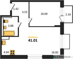 Планировка однокомнатной(квартира) площадью 41.01 квадратных метров в “ЖК Томилино Парк”